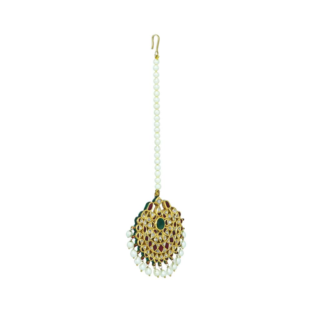 Emerald and Ruby Floral Polki Mangtikka with Pearl Drops